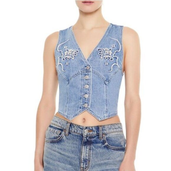 Forever 21 Women's Size Small Light Wash Button Embroidered Western Denim Vest - Picture 1 of 11